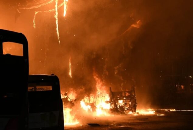 Bus terminal is engulfed in a massive fire that obliterates automobiles