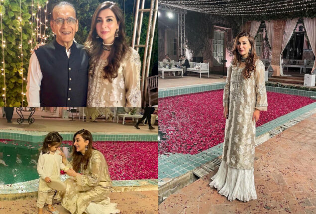 Ayesha Khan spotted in beautiful golden attire on a family wedding
