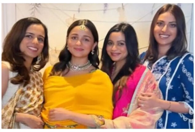 Alia Bhatt glows in yellow Anarkali as she poses with Shaheen Bhatt and others at her baby shower