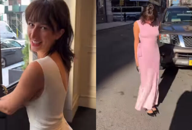 Woman wears a special white dress that turns pink in the sun