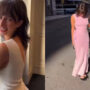 Woman wears a special white dress that turns pink in the sun