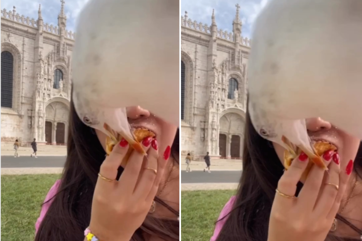 A seagull steals a woman's supper
