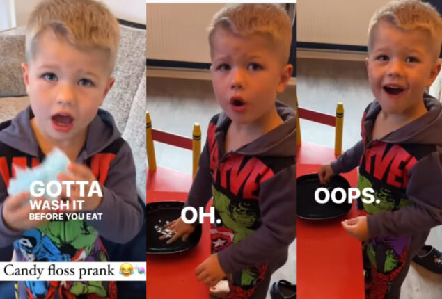 Mother tricks her son into washing his candy floss