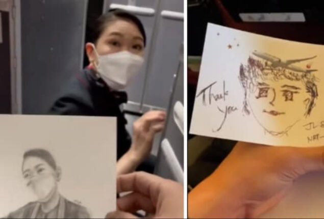 Man draws amazing portrait of flight attendant 
