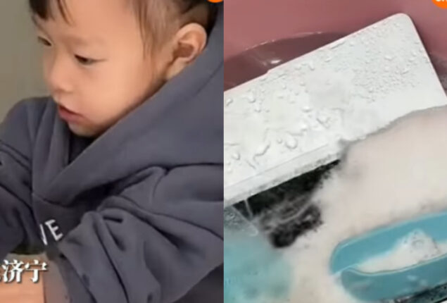 Toddler washes father's laptop
