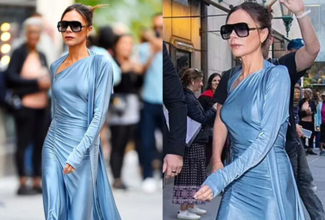 Victoria Beckham looks glamorous in blue metallic dress