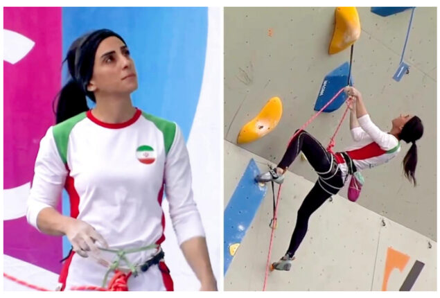 Elnaz Rekabi, an Iranian rock climber, greets supporters