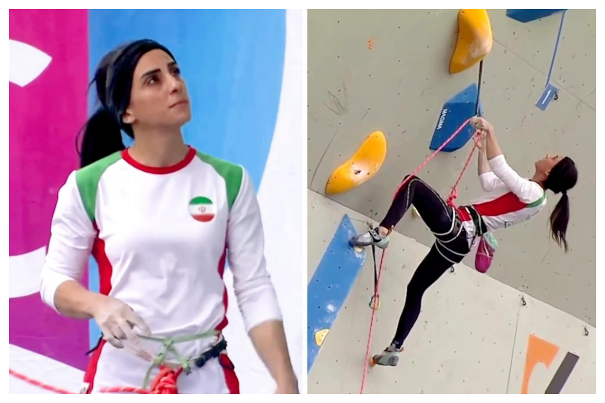 Elnaz Rekabi, an Iranian rock climber, greets supporters on social media