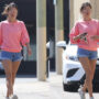 Alessandra Ambrosio steps out in denim shorts and pink sweater in Beverly Hills