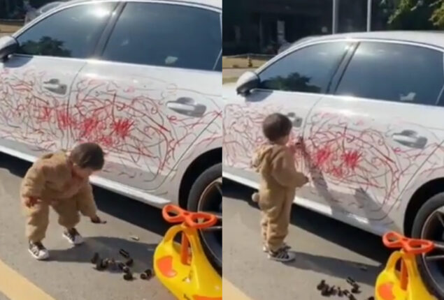 Netizens split over a toddler scribbling with lipstick on a car