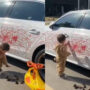 Netizens split over a toddler scribbling with lipstick on a car