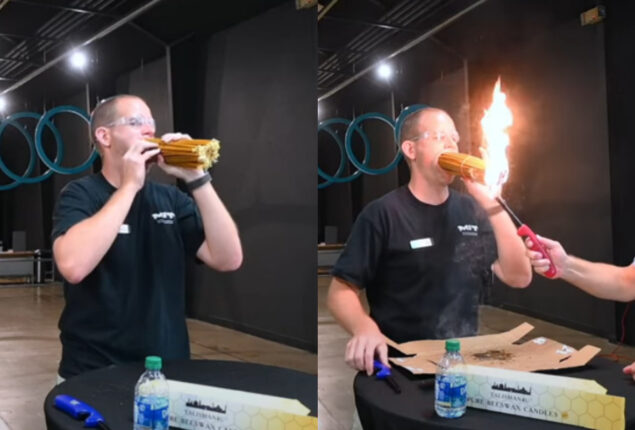 World Record: Man holds 150 lit candles in his mouth