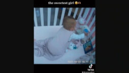 Baby kisses and “feeds” soft toys after naps. Watch