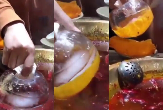 Man uses block of ice to remove extra fat from food