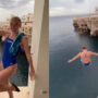 Professional high-diver leaps from Italian cliff balcony