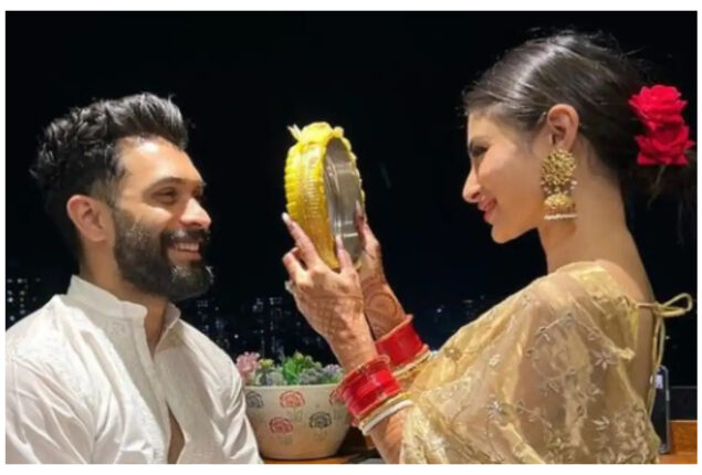 Mouni Roy poses alongside ‘her happy place’ as she celebrates first Karwa Chauth after marriage