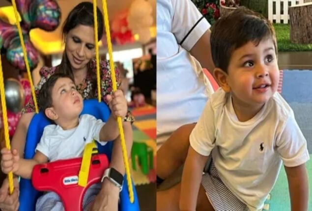 Jehangir Ali Khan tries out a baby swing at Inaaya’s birthday