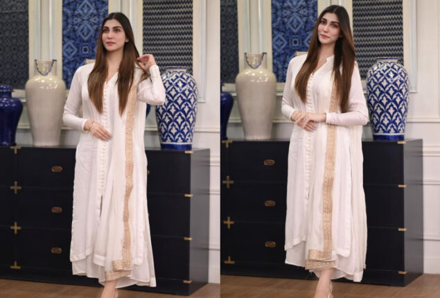 Nazish Jahangir decks up in white ethnic wear with gold zari details
