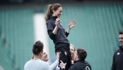 Kate Middleton starts laughing at fellow rugby players request