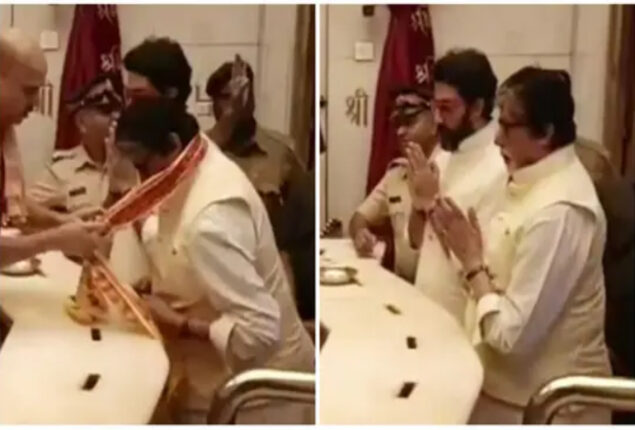 Amitabh and Abhishek twin in white at Siddhivinayak temple