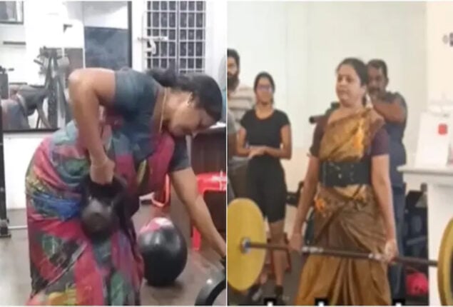 56-yr-old woman goes viral for lifting heavy weight in saree