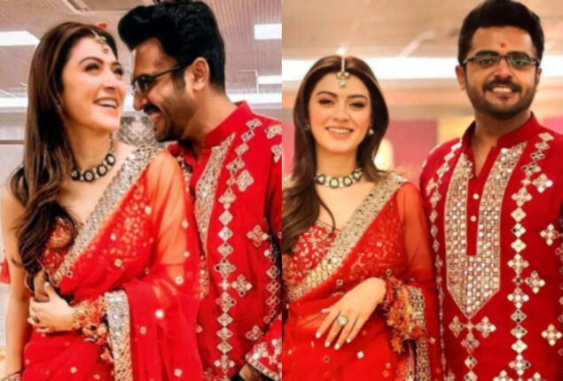 Hansika Motwani stuns in red at Sangeet ceremony with Sohael Khaturiya