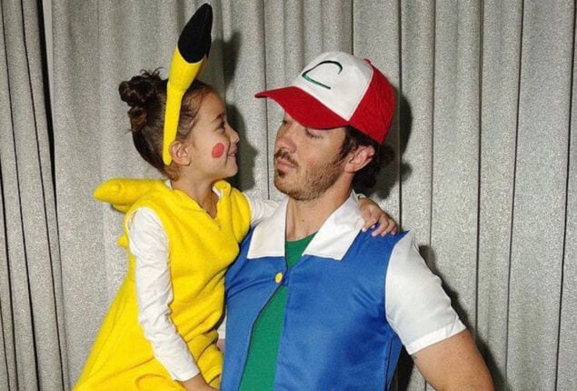 Kevin dresses as a Pokémon trainer while his daughter wears a Pikachu costume