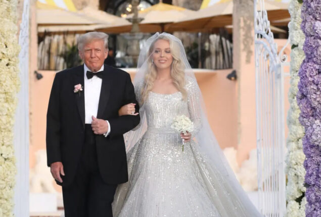 Detail on Tiffany Trump’s wedding attire from the wedding of Michael Boulos