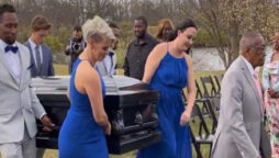 Groom shocks wedding guests by going down the aisle in a coffin