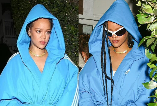 Rihanna grabs public’s attention as she steps out in bold blue coat
