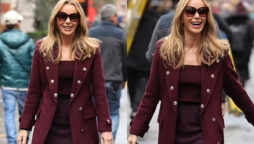 Amanda Holden looks stylish in short burgundy outfit as she exits Heart FM