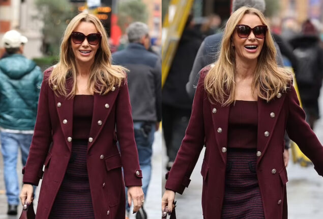 Amanda Holden looks stylish in short burgundy outfit as she exits Heart FM