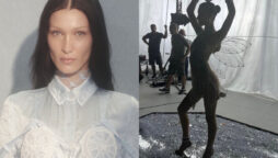 Bella Hadid wearing a crystal-covered catsuit in BTS look