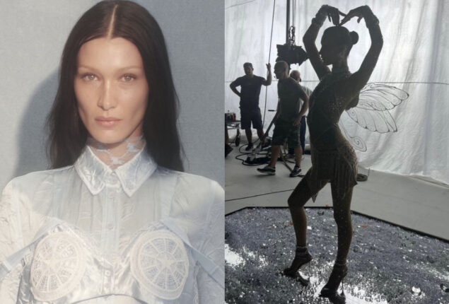 Bella Hadid wearing a crystal-covered catsuit in BTS look