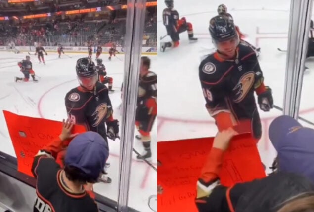 Boy plays ‘rock, paper, scissors’ with hockey player to win puck