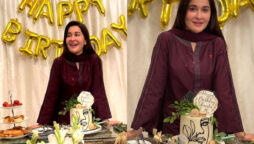 Shaista Lodhi cutting pre-birthday cake at drama set