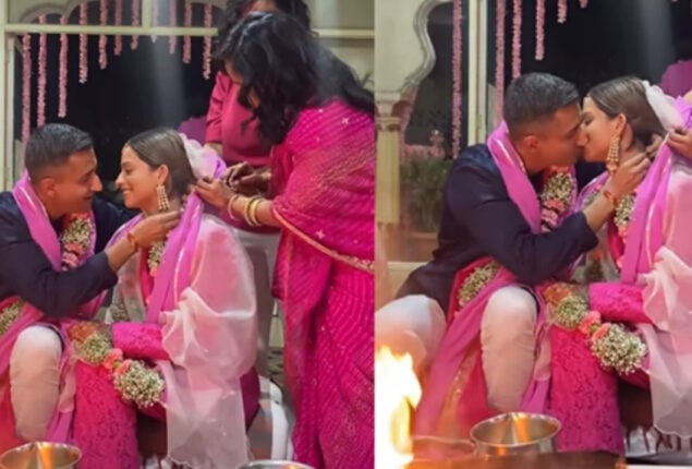 Viral video: Bride and groom kissing on wedding mandap