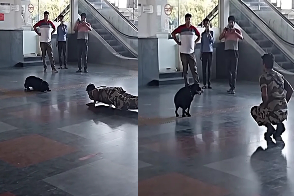 Internet is amazed by dog doing yoga with CISF officers at Delhi Metro station