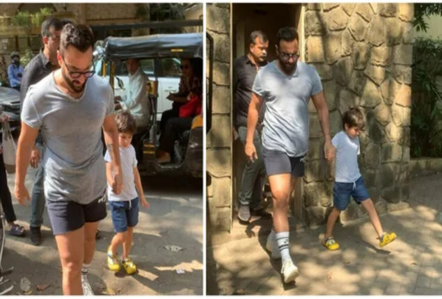 Saif Ali Khan holds son Taimur Ali Khan’s hand as they step out