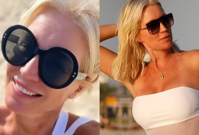 Denise Van Outen flaunts in a white swimsuit