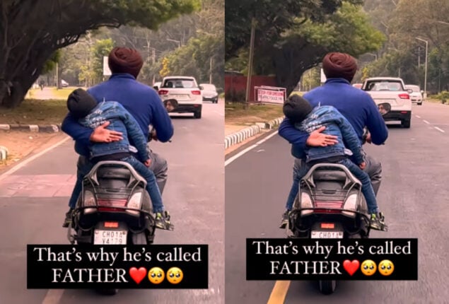 Man riding scooter with young boy