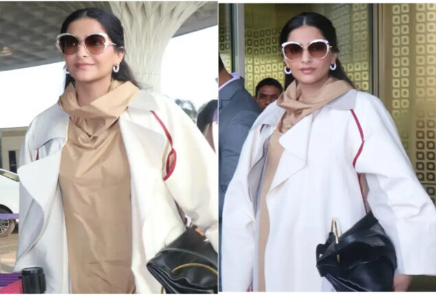 Sonam Kapoor in an oversized coat at Mumbai airport