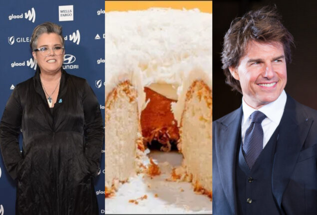 Rosie O’Donnell shows off a coconut cake sent by Tom Cruise with a message