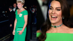 Diana’s emerald necklace is worn by Kate Middleton during the Boston Earth shot
