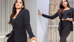 Janhvi Kapoor wears black Versace coat and corset top