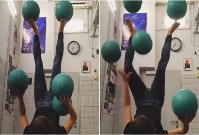Woman on Chair Juggles 5 Balls
