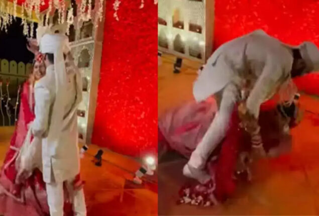 Bride romantic pirouette goes wrong, couple falls – Viral Video