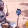 Young boy plays drums made of wooden sticks & empty container: viral video