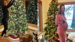 Hilary Swank shares rare baby bump update in Christmas pajamas