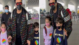 Karan Johar jets off with twins Yash and Roohi from airport